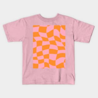 Distorted Orange and Pink Check Grid Kids T-Shirt